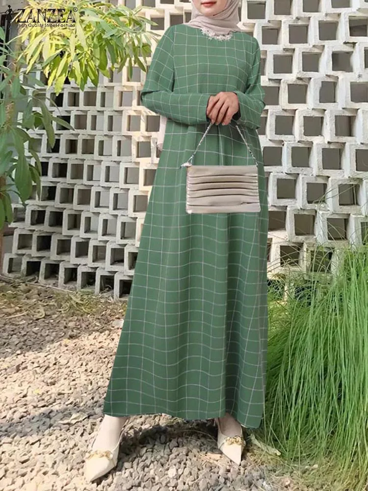 ZANZEA Autumn Long Sleeve Muslim Abaya Dress Fashion Dubai Turkey Vestido Holiday Dresses Vintage Women Plaid Checked Sundress