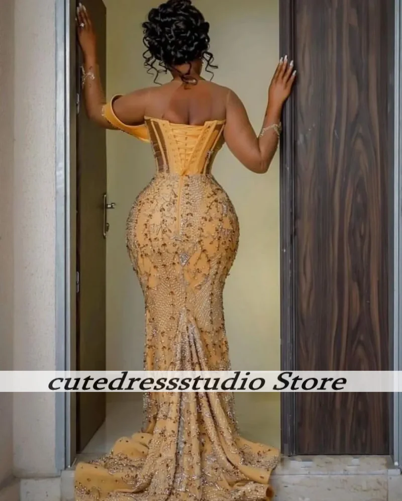 Exquisitos vestidos de noche de sirena para niñas nigerianas, vestido de fiesta con cuentas de lujo y hombros descubiertos, vestido de graduación africano personalizado 2025