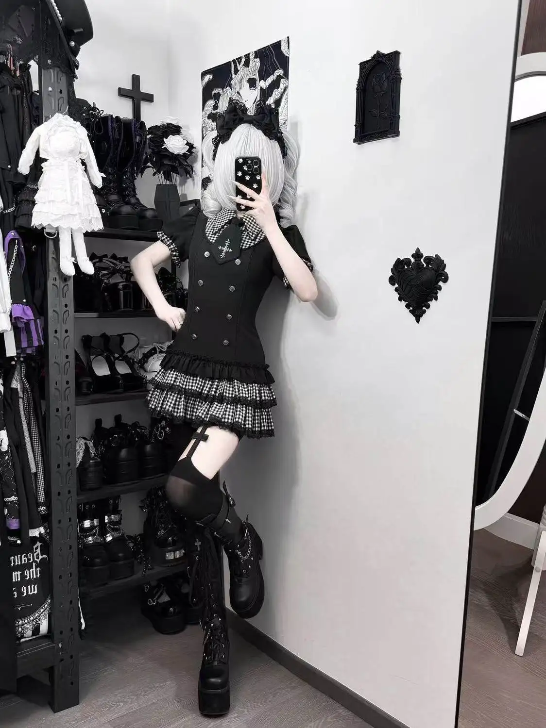Gothic Style Lolita Skirt Siut Women Casual Lace Short Sleeve Top Layered Ruffle Mini Dress Harajuku Subculture Skirtsuit 2026 image 2