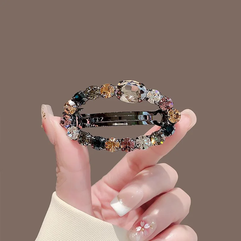 

New Korean Colored Diamond Spring Clip Round Rhinestone Hairpin Back Head Top Horizontal Ponytail One-word Clip