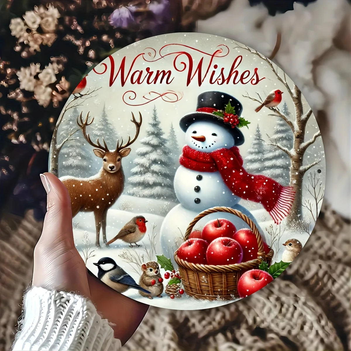 2D Flat, 1pc 1pcs Rustic Christmas Round Metal Sign with Snowman Deer Pine Squid & Apple Designs - Iron Door/Wall Decor Suitable