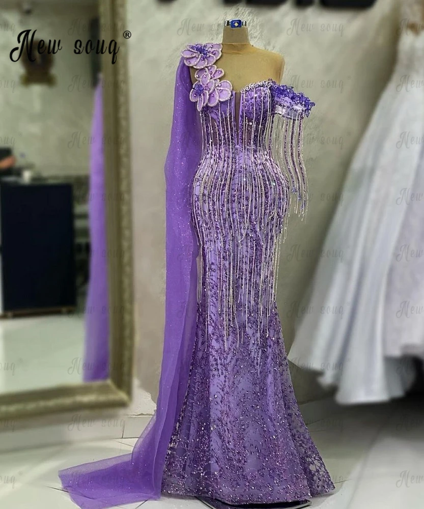 Vestido de festa lilás feminino, Borla prateada, Flores 3D, Vestidos de baile formal para casamento, Personalizado, Sereia, vestido de noite frisado, 2023, 2023