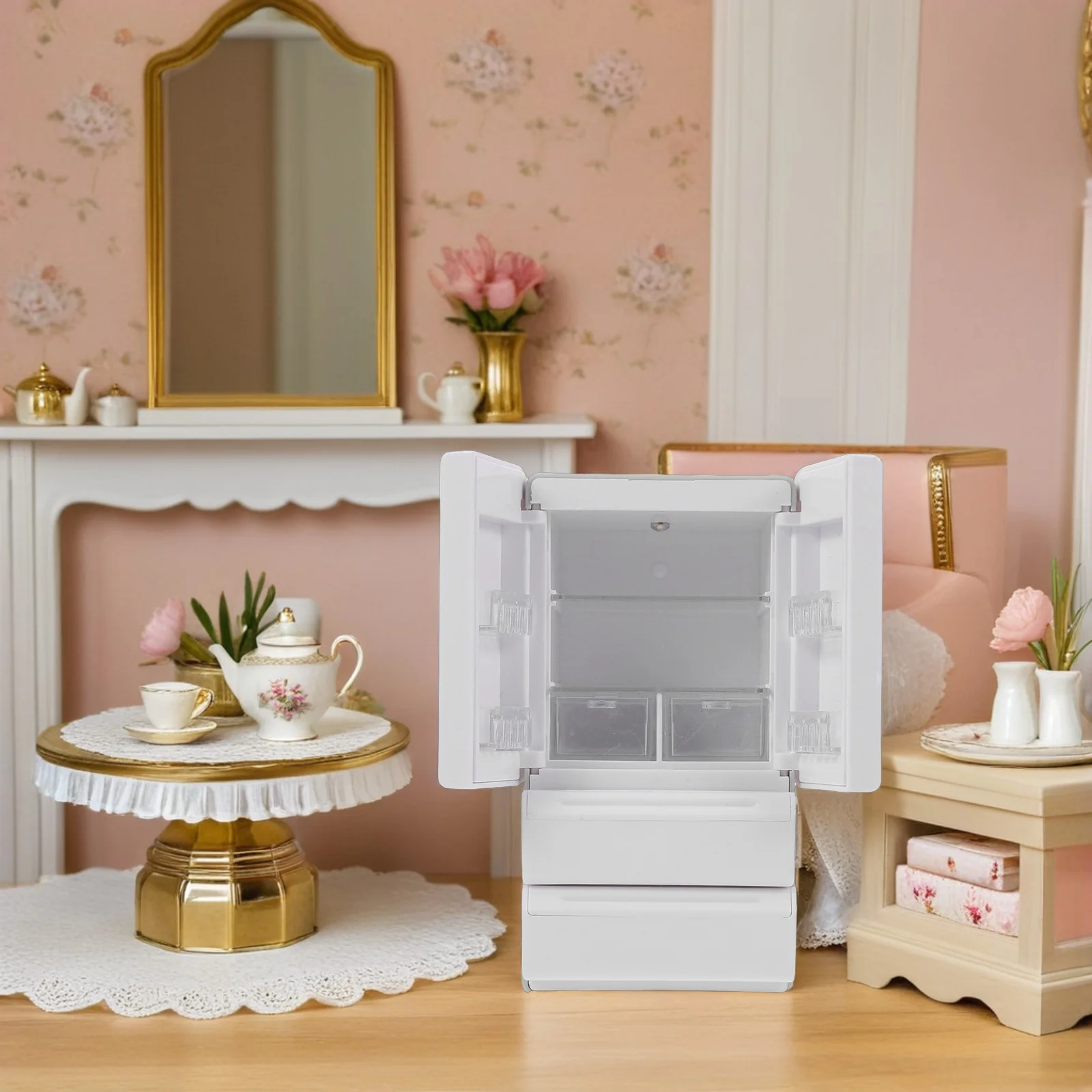 Maison de poupée Miniature réfrigérateur blanc Double porte Mini réfrigérateur éclairage semblant jouer cuisine réfrigérateur stockage pour les enfants