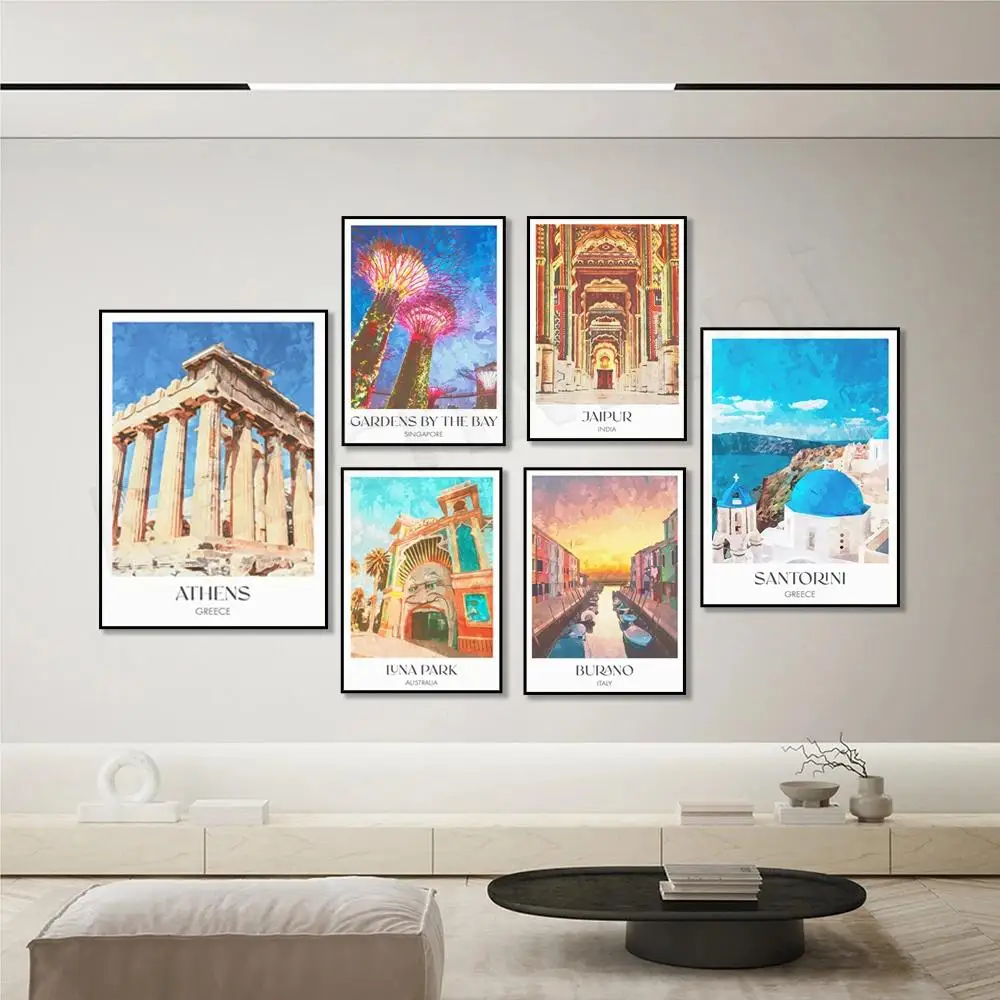 World Cities Watercolor Poster Set  Burano Cinque Terre Jaipur Melbourne Singapore Alhambra Greece India Lisbon Wall Art Decor