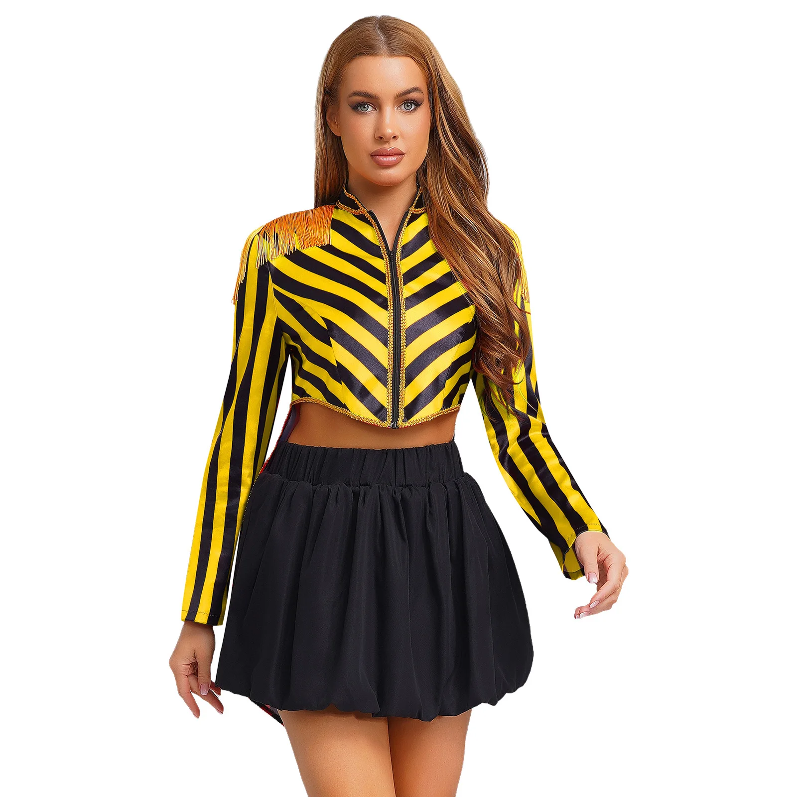 

Women Circus Ringmaster Magician Cosplay Tailcoat Long Sleeve Tassel Shoulder Boards Jacket Coat for Halloween Dress-up Party