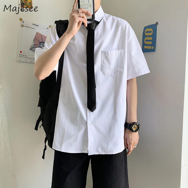 Shirts Men White Preppy Style Fashion All-match Gentle Handsome Ulzzang Students Teens Japanese Simply Male Harajuku Popular Ins