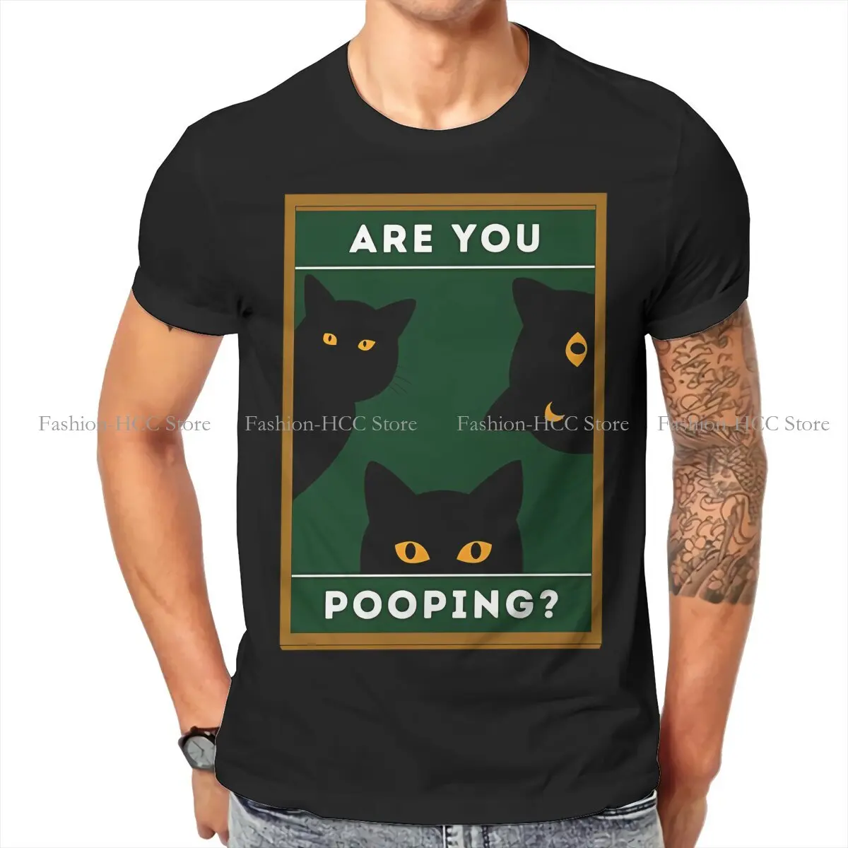 Are You Pooping O Neck TShirt Black Cat Fabric Classic T Shirt Man's Tops New Design