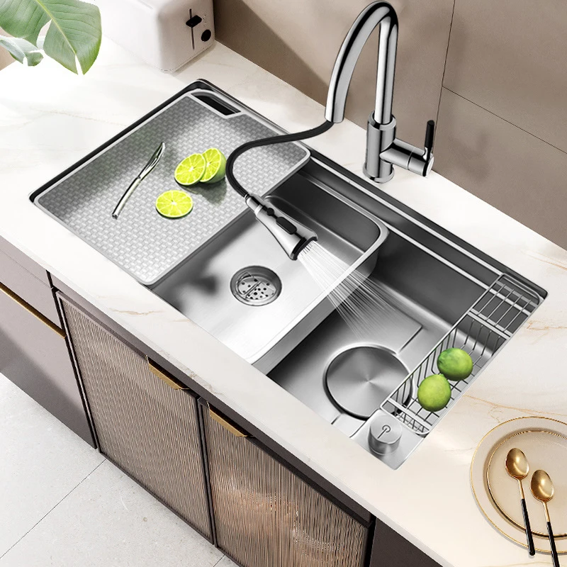 

304 Stainless Steel Kitchen Sink Left Side Drainage Black Silver Large Single Slot Nano Handmade Undermount Vegetable Wash Basin