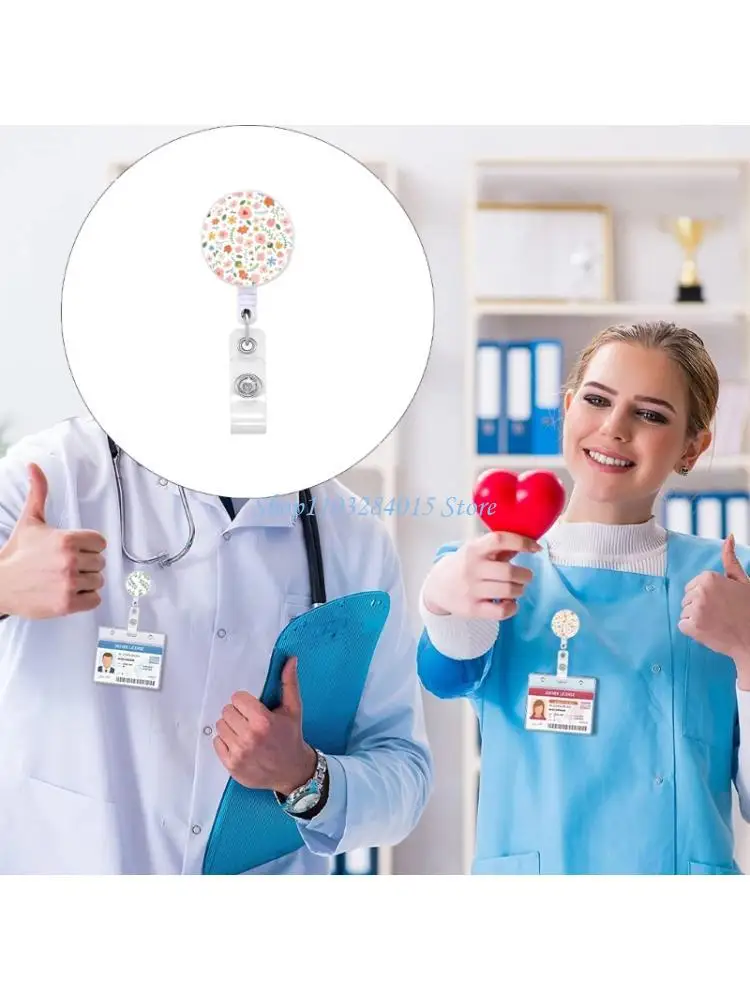 R6FF Retractable Badge Holder for Nurse Doctor Student Teacher Rotating Flower Print Badge Holder with Metal Clip for Office