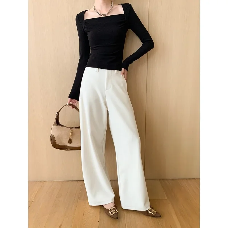 French Square Neckline Design, Front Shoulder Slim Fit Long Sleeved Base T-shirt, 2024 Early Autumn New Item