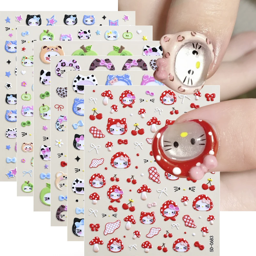 

1/6pcs Kawaii Hello Kitty Nail Art Stickers 3D Cute Cat Fruit Love Star Bow Adhesive Nail Decals Women Girls DIY Manicure Decor