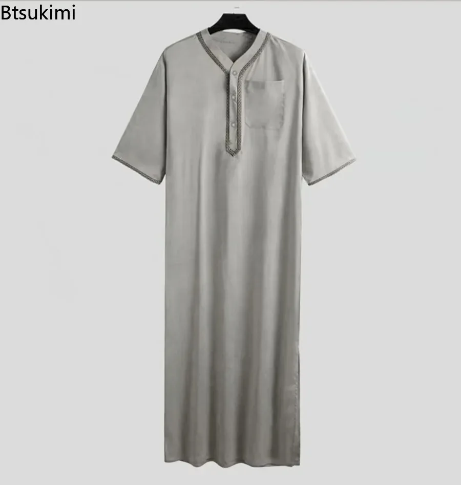 Muslim Fashion Men Jubba Thobe Solid Button Kimono Middle Robe Saudi Musulman Shirt Stand Collar Islamic Arabic Kaftan Men Abaya