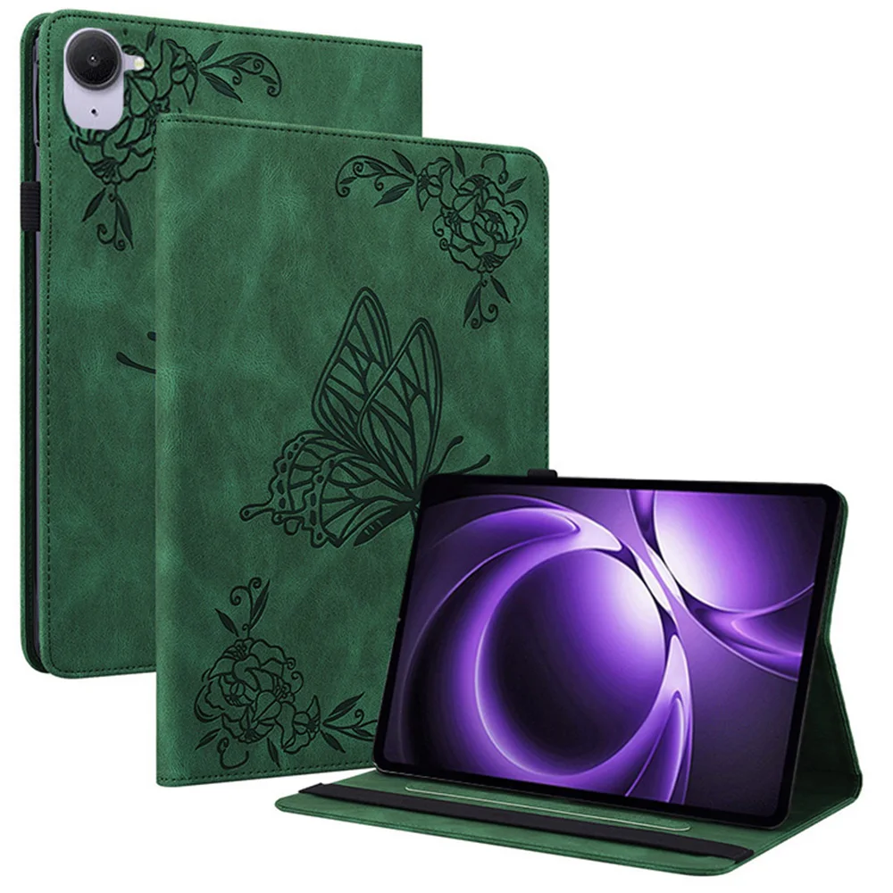 

For Xiaomi Redmi K Pad Case Butterfly Flower Imprint PU Leather Tablet Cover with Card Slots - Green