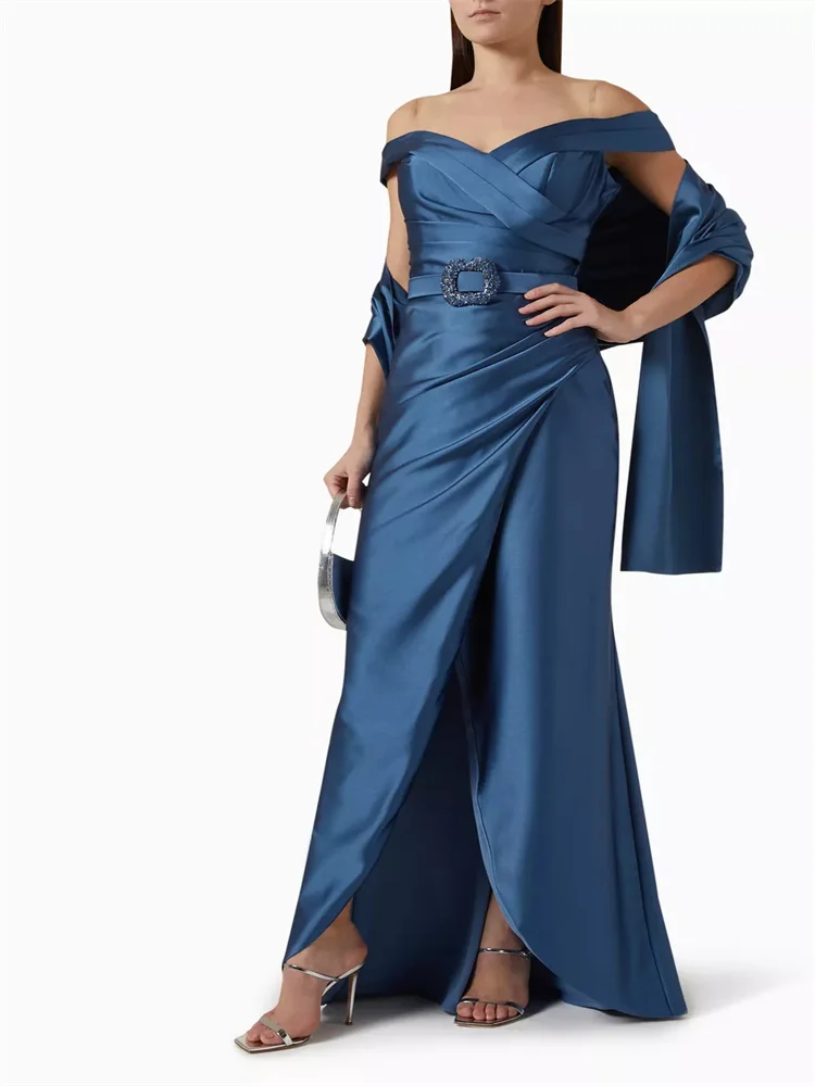 New Arrival Off The Shoulder Neckline Sleeveless Satin Straight Prom Dress Elegant Open Back Zipper High Slit Gown For Women