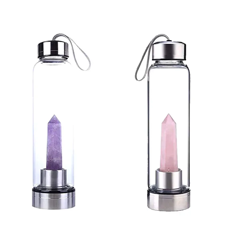 Rose Quartz Aveyside Glass Water Bottle, Elixor Natural Crystal Point Healing Obelisk Cane Energy Cup, D