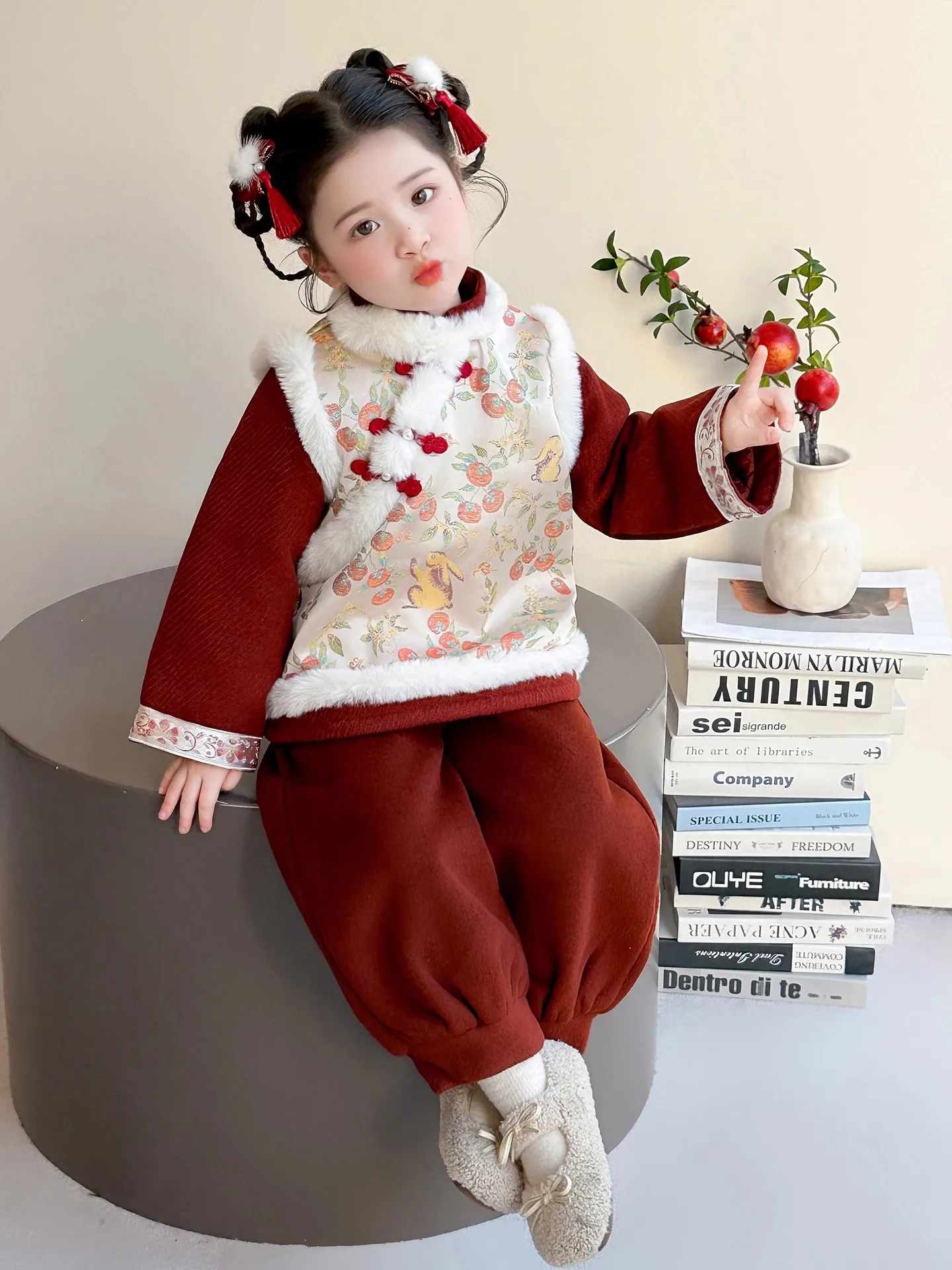 Girls Hanfu Outfit Winter Children Tangsuit Traditional Chinese New Year Customes Kids Thicken Warm Coat+Pants 2 Pieces Suits