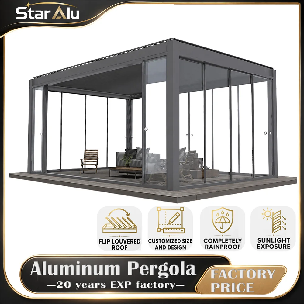 Luxury Bioclimatic 6063 T5 Aluminum Motorized Louvered Pergola Remote Control LED Light Sliding Glass Waterproof Gazebo Custom