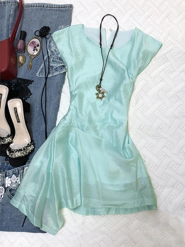 Original n Lake Blue Svel Dr Women's Summer Vintage ort Skirt Asymmetrical Waist Cinched A-Line Dr