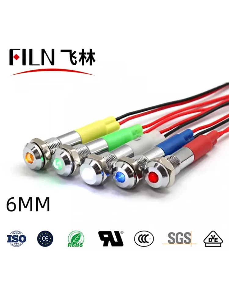 FILN CE métal 6mm trou de montage 12v 24v 220v 110v Mini feux pilotes longue durée indicateur LED avec fil