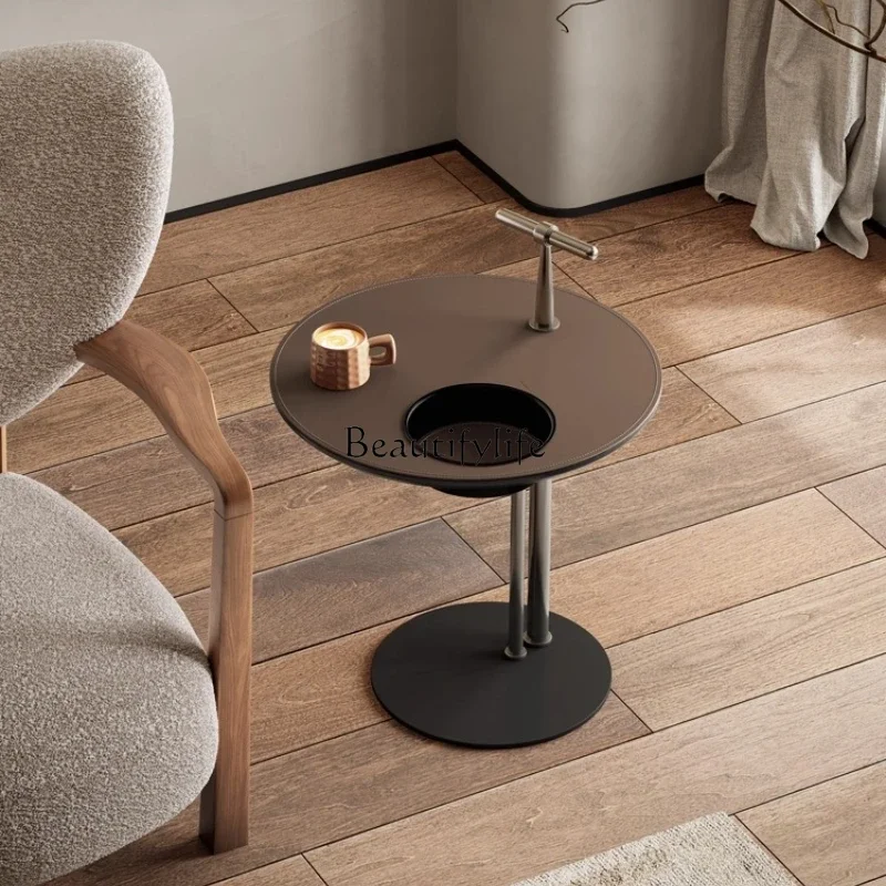 

yj39 Italian Minimalist Saddle Leather Coffee Table Living Room Stainless Steel Sofa Side Table Movable