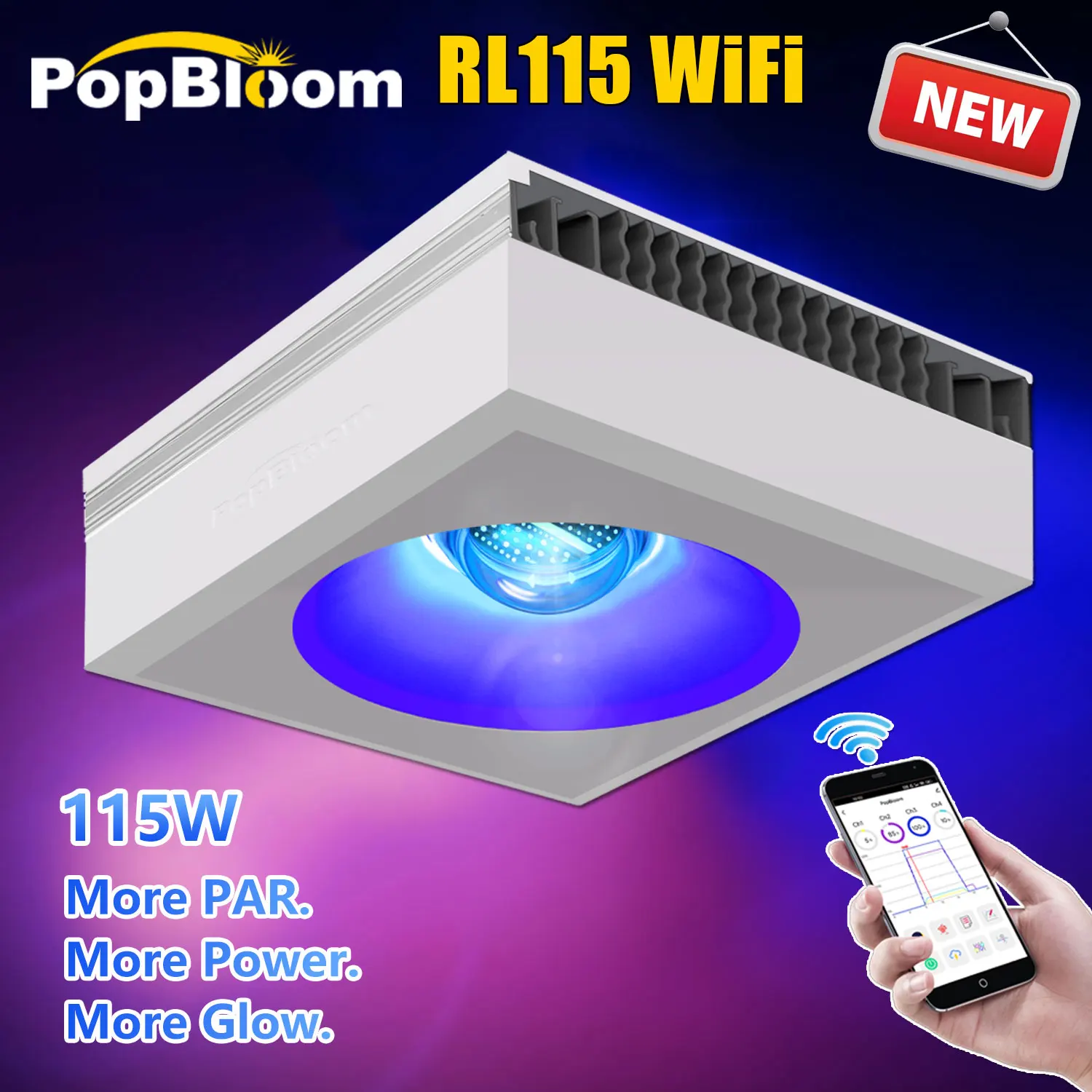 PopBloom NEW RL115 WiFi Reef Aquarium Lighting for SPS LPS Corals and Saltwater Fish Tanks, Enhanced Violet and Blue Spectrum