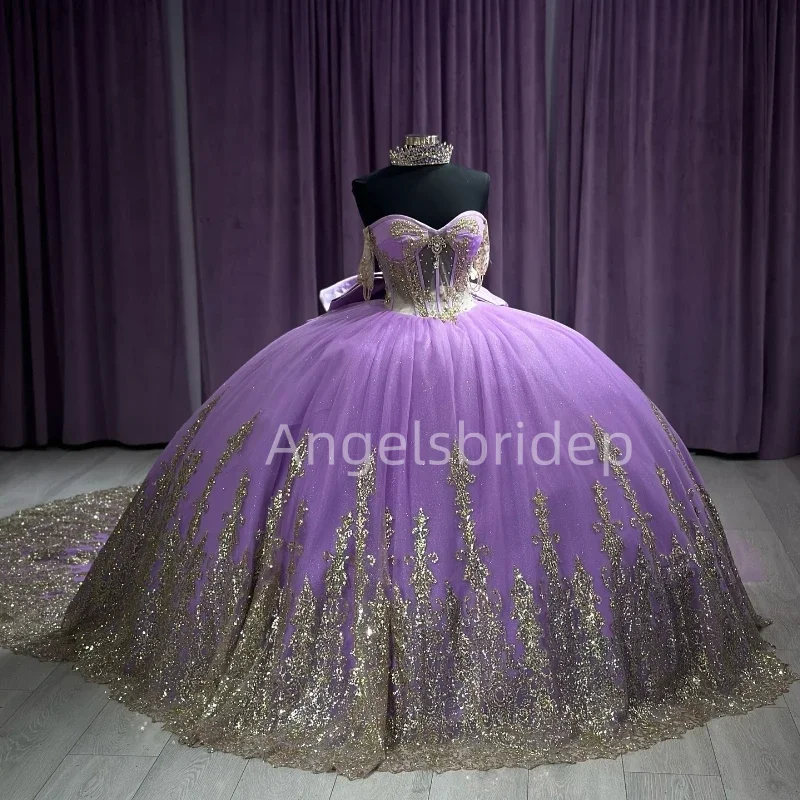 Angelsbride Lavender Ball Gown Quinceanera Dresses Vestidos De 15 Quinceañera With Gold Glitter Appliques Girl Party Dress