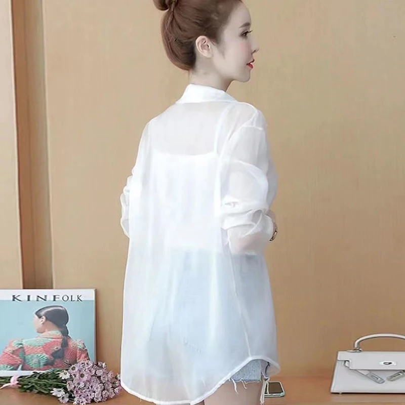 White Chiffon Sun Proof Blouse Women Fashion Loose Long Sleeve Casual Thin Shirt Simple Solid Summer All Match Elegant Tops