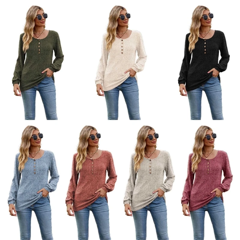 

Elegant Women's Long sleeved Top 2023 New Solid Button Round Neck Pit Striped Brushed Solid Button Spliced Long sleeved T-shirt