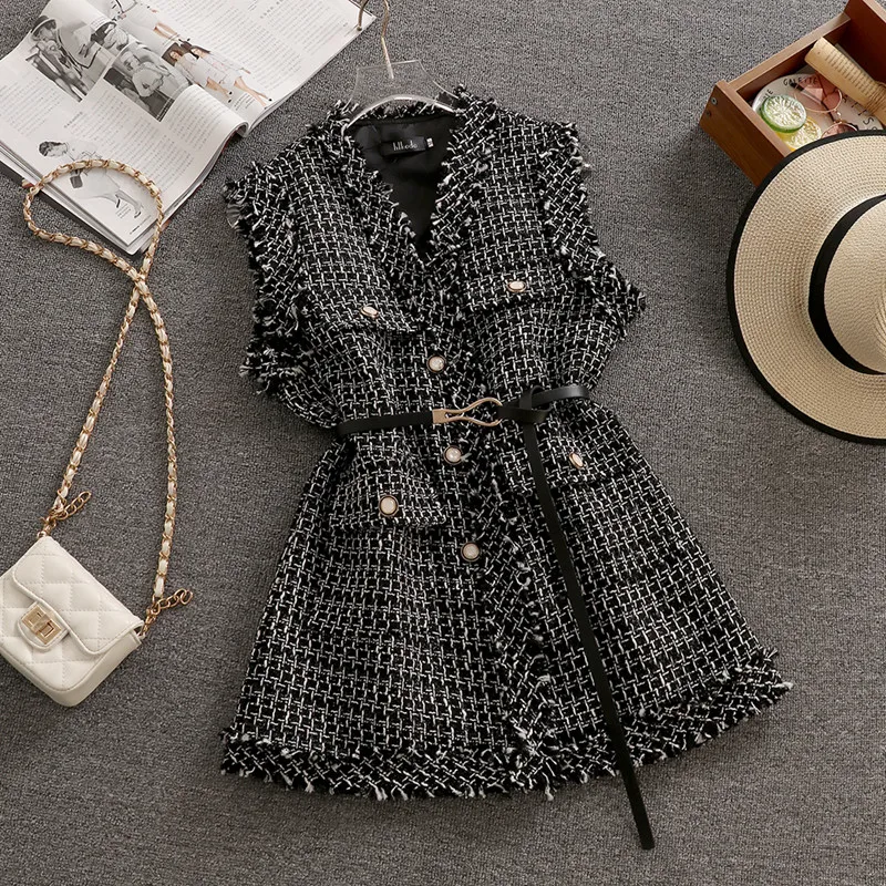 Women Luxurious Vintage Elegant Tweed Jacket Vest Waistcoat Knitted Vest With Belt Sleeveless Oversized Jacket Veste New