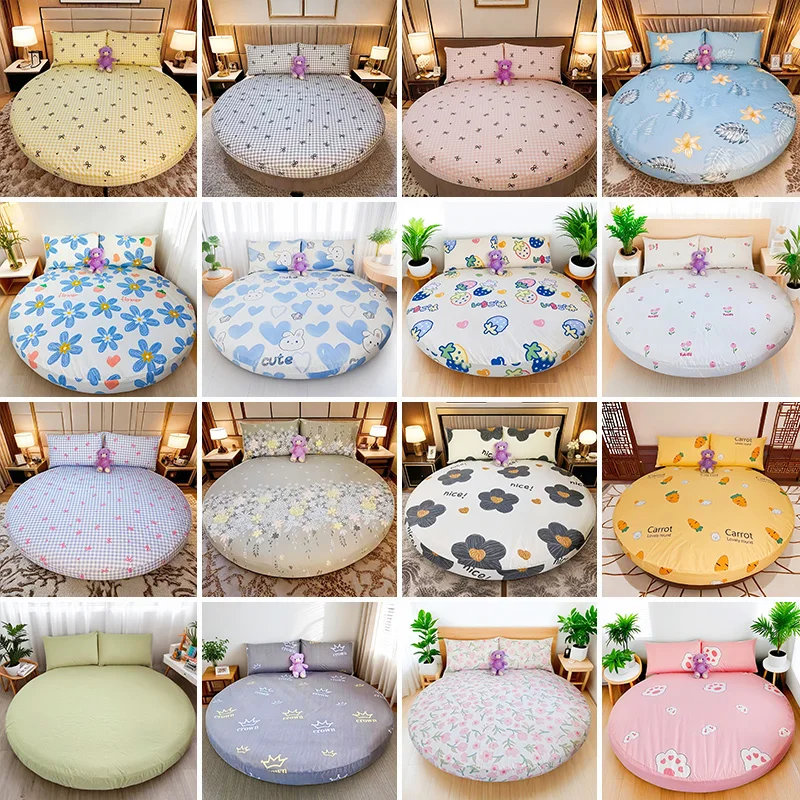 1PC Waterproof Round Cartoon Printed Bed Fitted Sheet with Elastic Single/Queen/King Mattress Cover (Without Pillowcase)