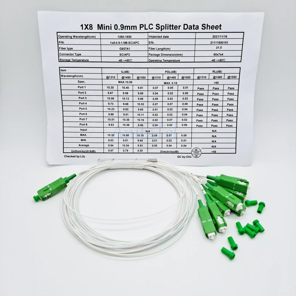 Imagem -02 - Apc Divisor 0.9 mm sc Apc sm G657a1 Pvc 1m Ftth Fibra Óptica Plc Divisor Cor Único-modo 10 Peças Lote 1x2 1x4 1x8 1x16 1x32 sc