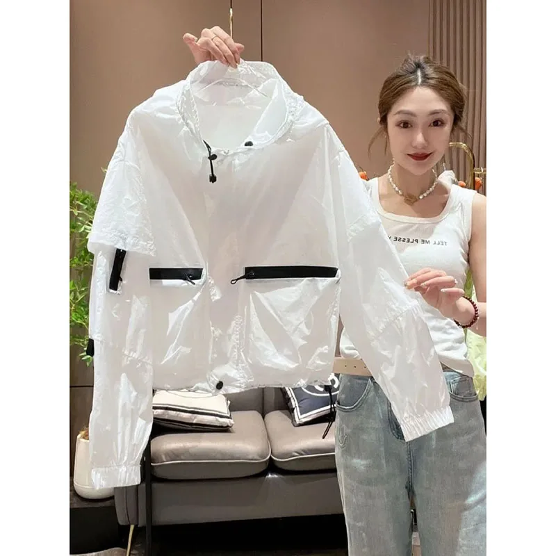 2026 Spring Lightweight Sunscreen Clothes New Women's Outdoor Wear White Hooded Loose Casual Summer Jacket Pink Orang