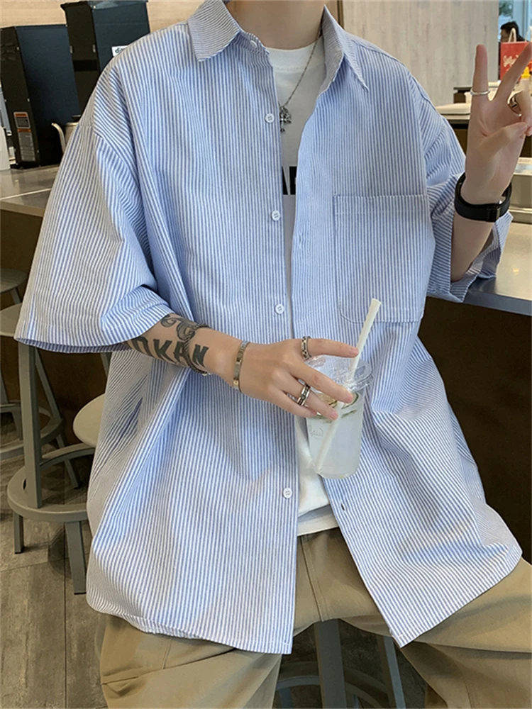 

Summer 2024 Men's Casual Striped Short Sleeve Shirt Loose Fit Workwear Jacket Outerwear Regular Thickness Iron-Free Care