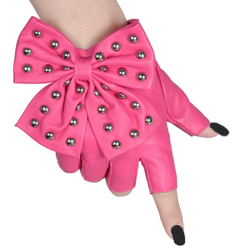 Fashion Fingerless Cosplay PU Leather Gloves Big Bow Rivet Sexy Disco Dancing Rock And Roll Black Punk Show Half Finger Mittens