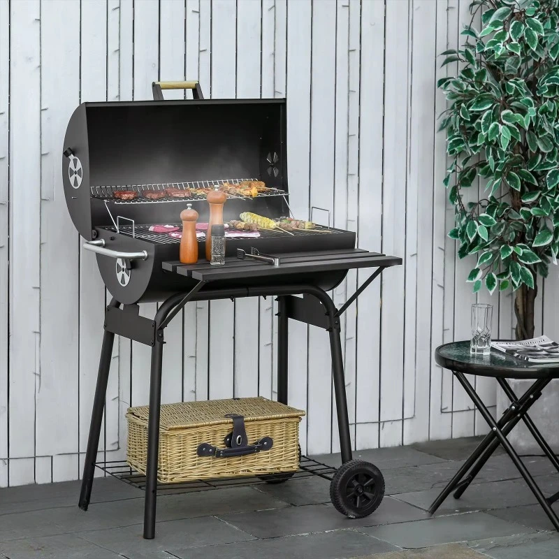 30-Inch Portable Charcoal Barbecue Grill with Wheels for Outdoor Camping Features Adjustable Charcoal Rack and Storage Shelf