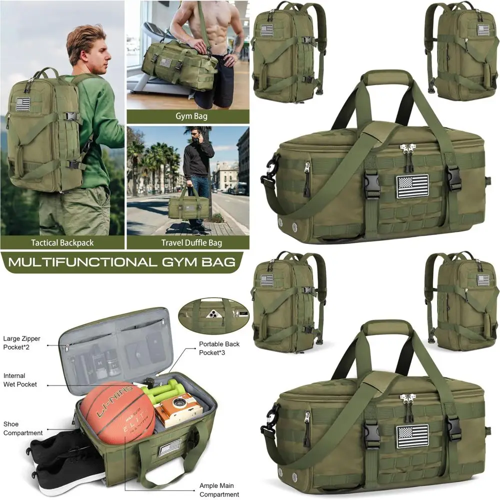 

Большая тактическая спортивная сумка-рюкзак для мужчин с отделением для обуви, 3-в-1: дорожная, для выходных и спортзала, зеленая