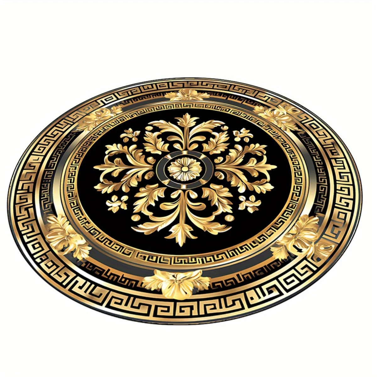 Retro Black Gold Floral Round Rug -Polyester Machine Made Mat, Intricate Pattern for Table Living Room, Easter Spring Home Decor