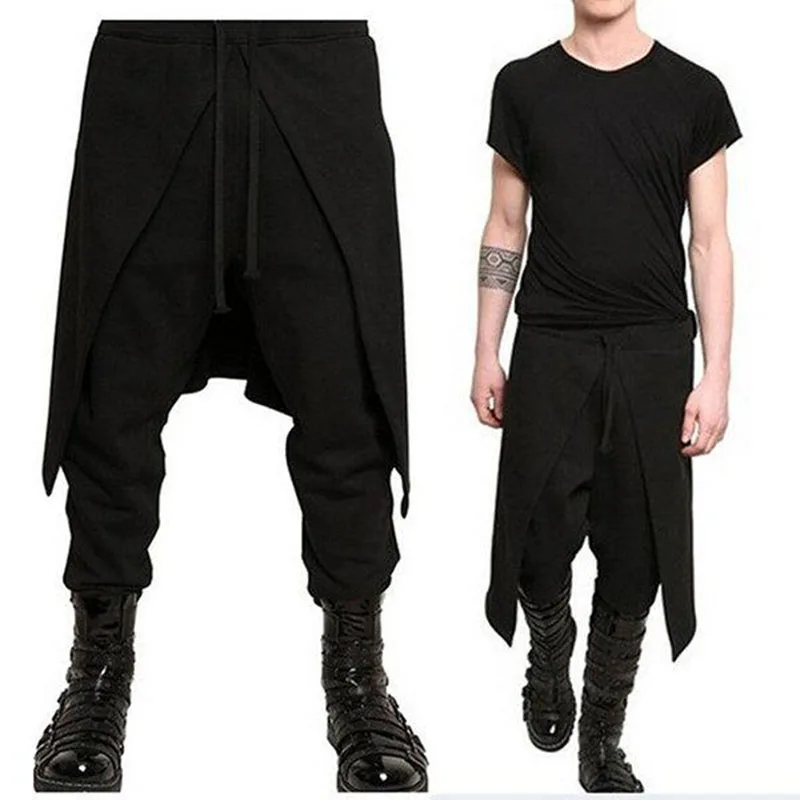 New Black Simple Mens Clothing  Elastic Waist Trousers Stitching Loose Pants Trend Hip Hop Pants Streetwear