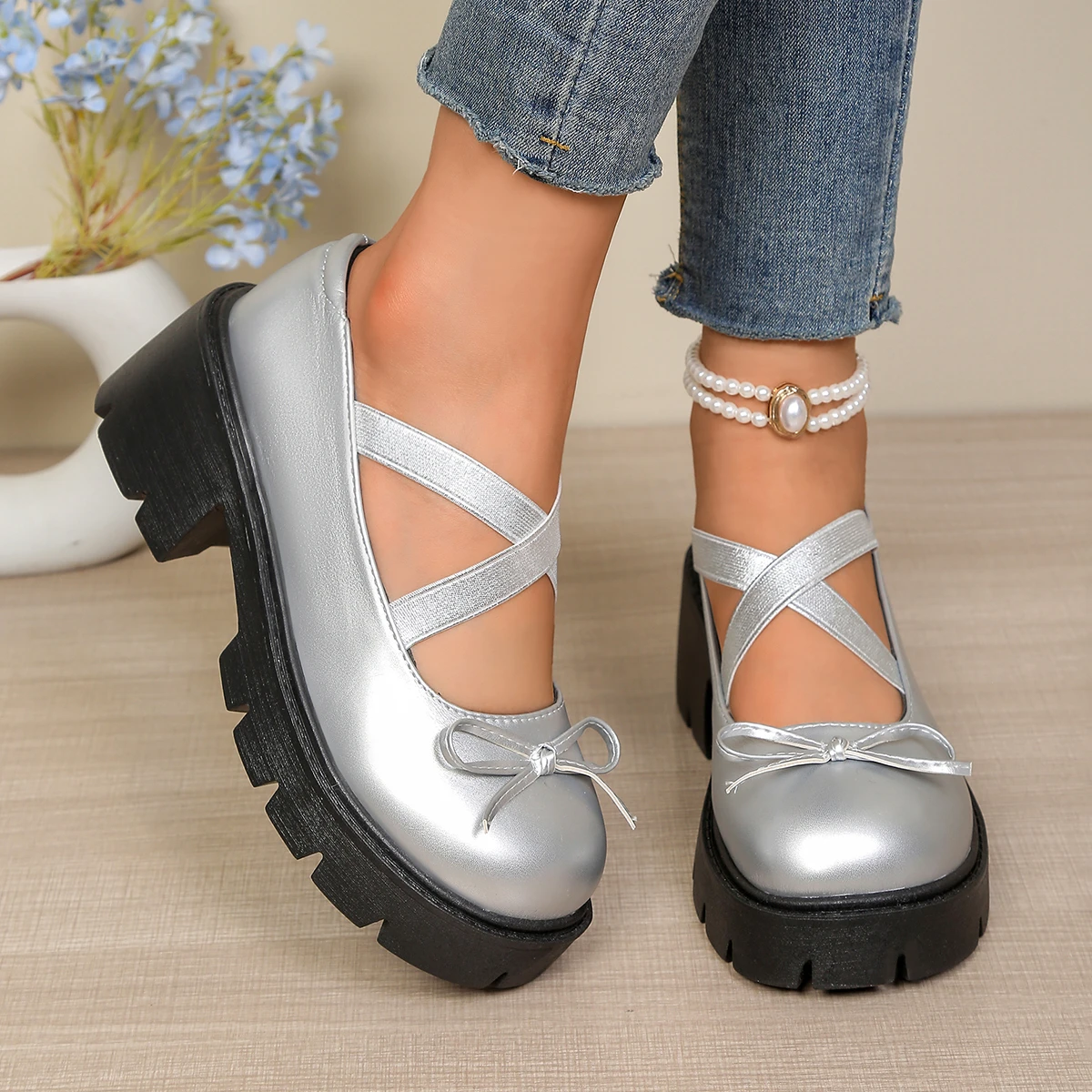 Women's Cross Strap Design Platform Shoes Spring Autumn Round Bow Decorative Non-slip Wear-resistant High-heeled Mary Jane Shoes view 3