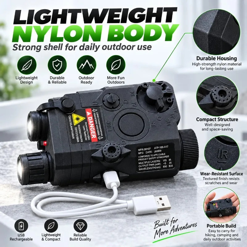 Nylon Multi-Function Light Module with Green Beam, Red LED, Built-in Battery, Fit Standard Rail, Outdoor Camping Accessory