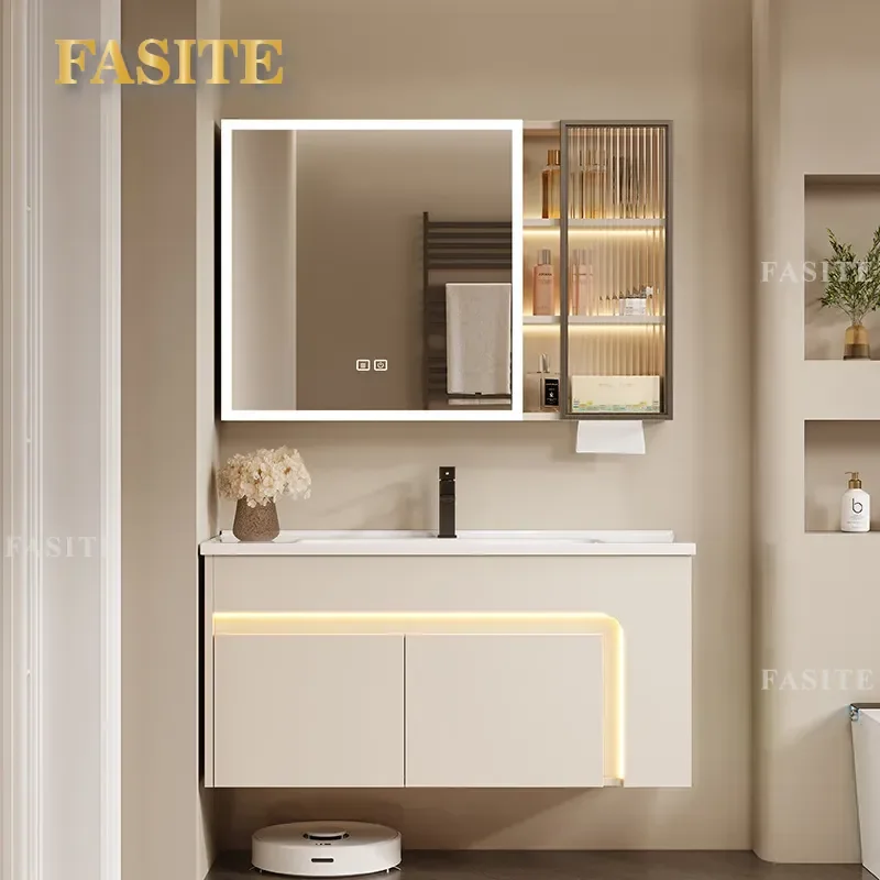 For 40cm Narrow Cream Honeycomb Aluminum Bathroom Cabinet Deepened Wash Basin Side Storage Mirror Cabinet Small Apartment