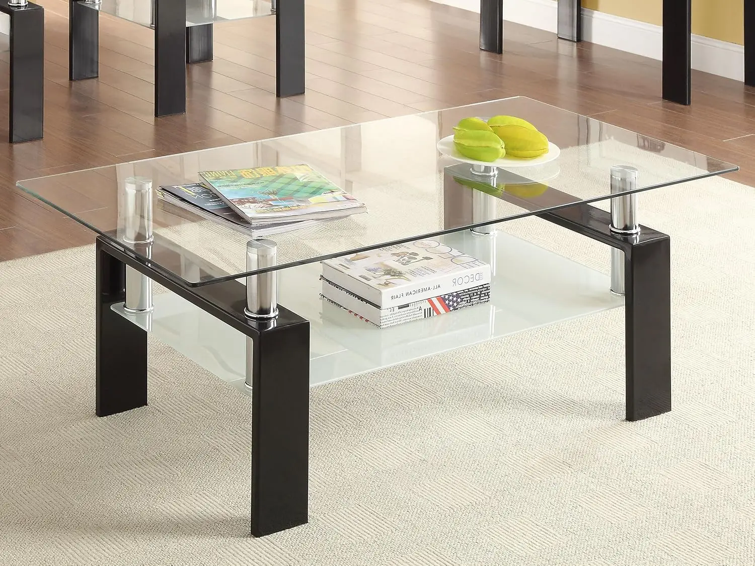 Rectangular Metal & Glass Coffee Table with Open Shelf & Chrome Supports for Living Room 48-inch, Customized