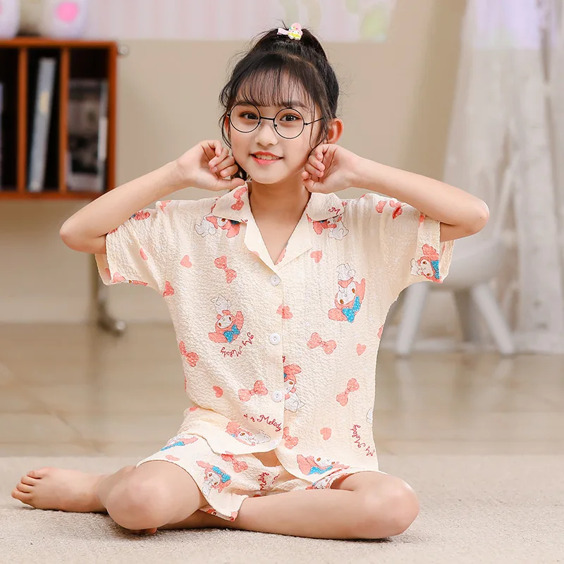 

2Pcs Cinnamoroll Kuromi Hello Kitty Children's Pajamas Set Anime Sanrios Kid Cardigan Short Sleeve Sleepwear Girls Homewear Gift