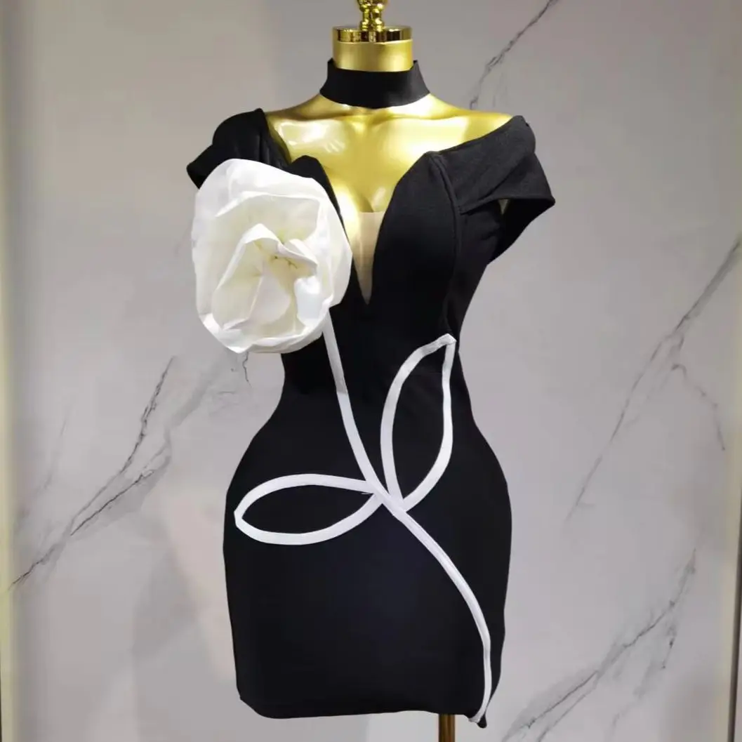 

Women 2025 New Sexy Off Shoulder White Flower Black Mini Bodycon Bandage Dress Luxury Celebrity Evening Club Elegant Party Gowns