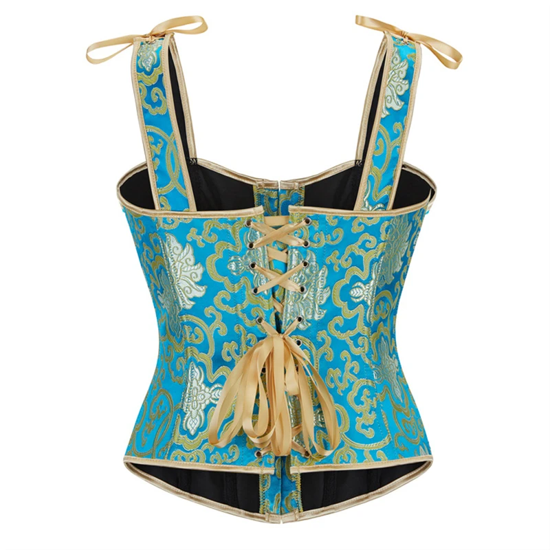 Women Spaghetti Strap Corset Crop Top Gothic Victorian Blue Lace-up Boned Bustier Vest Shapewear Slimming Waist Shaping Korset