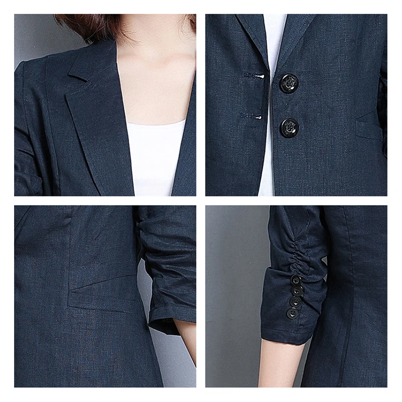 QOERLIN Notched Collar Blazer Linen Suit Jacket Women 2022 New Slim Thin Summer Cotton Linen Pocket Two Buttons Suit Office Lady