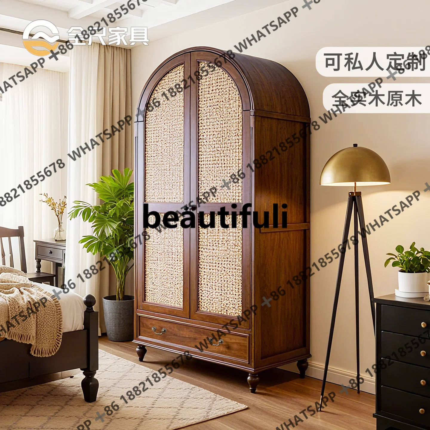 

American large wardrobe modern rattan double door wardrobe home bedroom storage cabinet