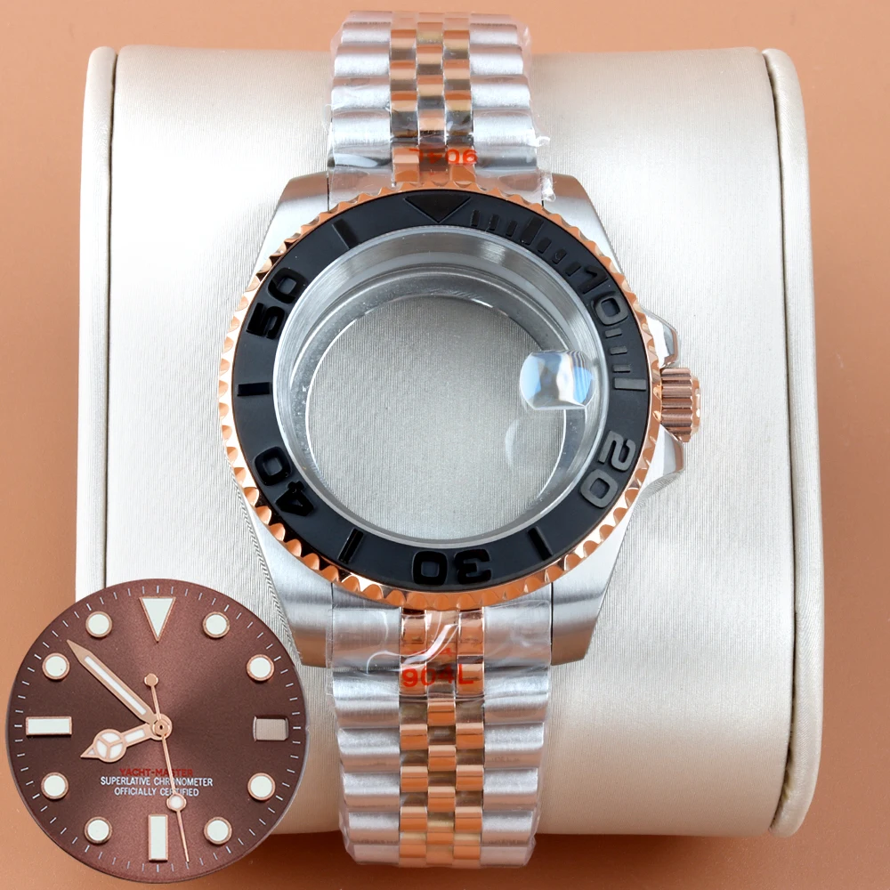 

Rose Silver 40mm Watch Case Jubilee Bracelet Fit YACHT-MASTER NH34 NH35 NH36 NH38 Movement 28.5mm Dial Hands Blue Luminous