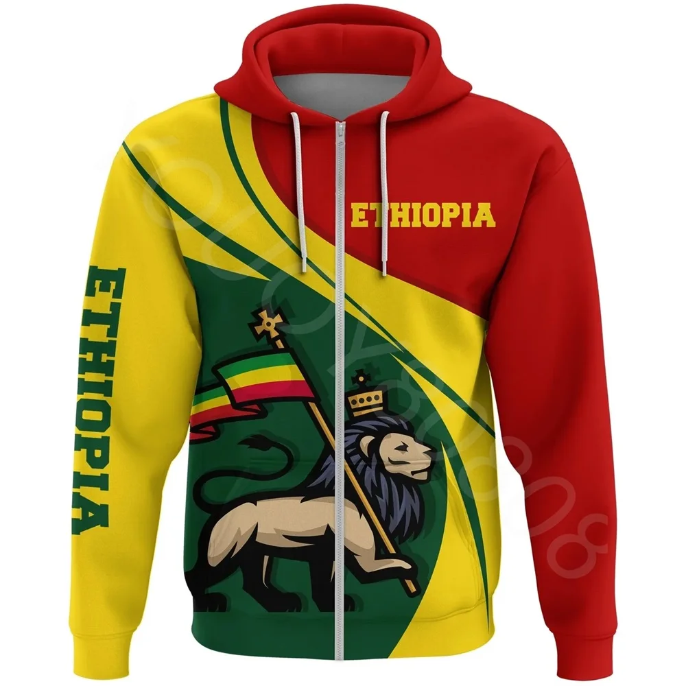 

Autumn Winter African Zone Men's Casual Sweatshirt Harajuku Print Hoodie - Ethiopian Flag Lion Rastafari Zip Hoodie 2022