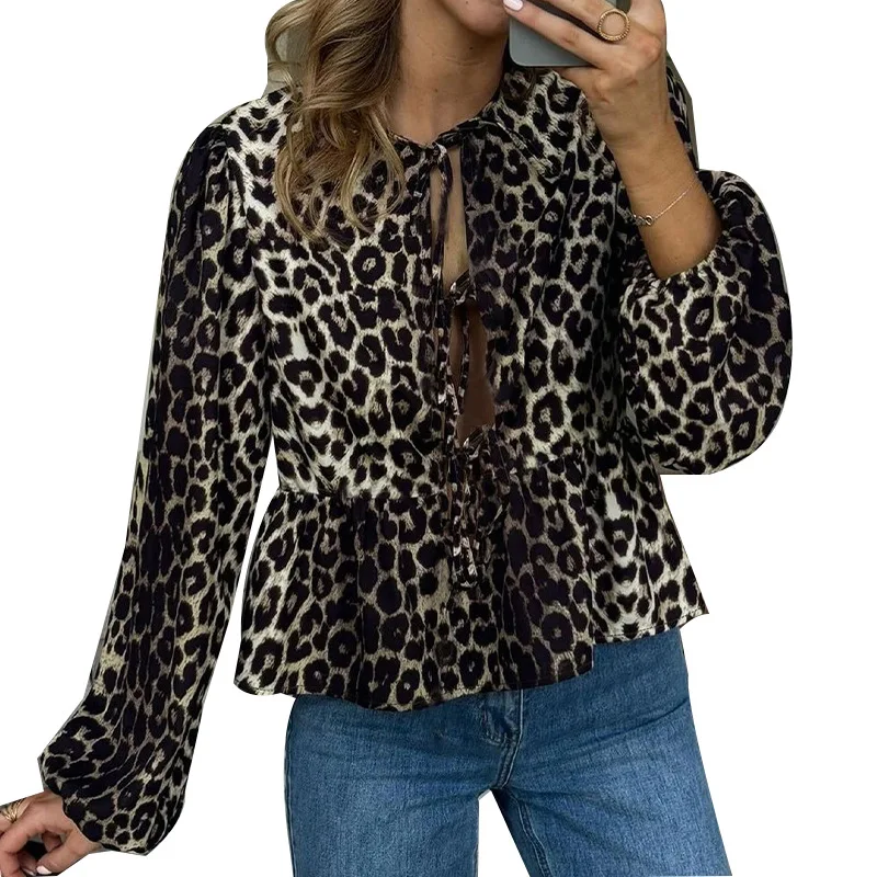 Camicia a maniche lunghe con stampa leopardata di nuova moda autunnale da donna Camicia sexy con lacci allentata Pullover Top